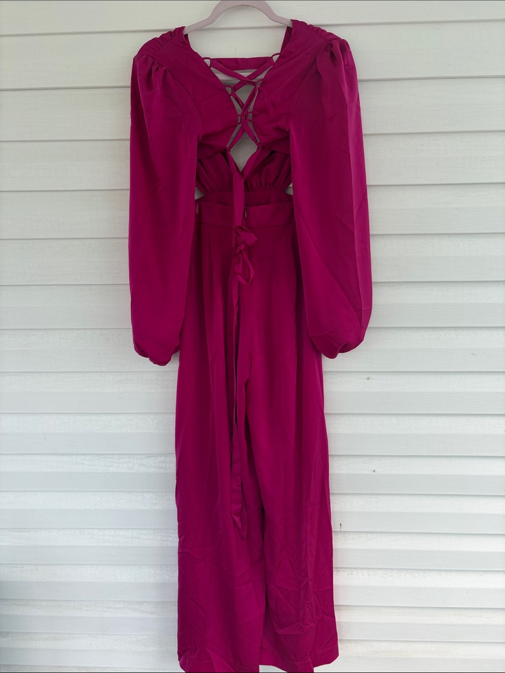 NWT AKIRA Hot Pink Satin Jumpsuit with Lace-Up Back Glam Wide Leg Statement - Picture 9 of 16